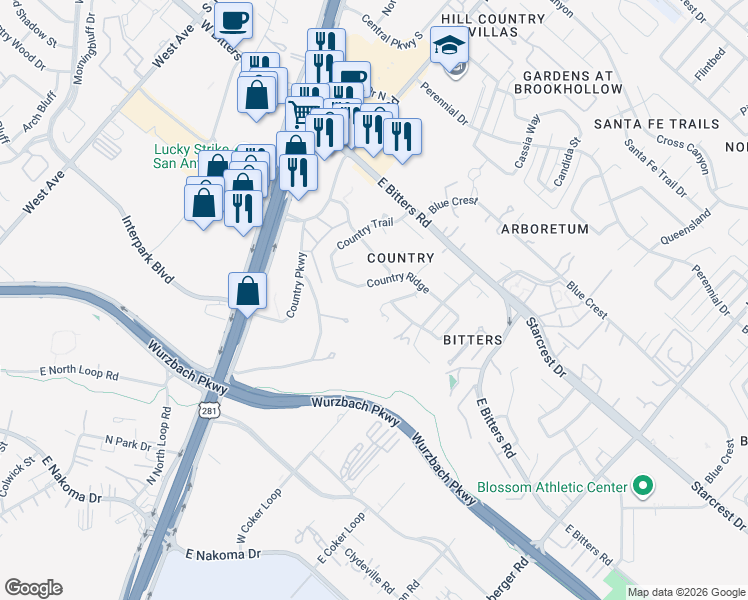 map of restaurants, bars, coffee shops, grocery stores, and more near 12911 Country Creek in San Antonio