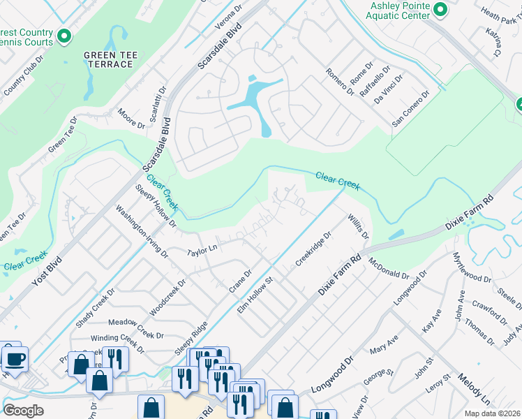 map of restaurants, bars, coffee shops, grocery stores, and more near 2404 Taylor Lane in Pearland