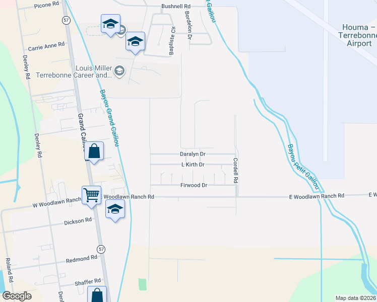 map of restaurants, bars, coffee shops, grocery stores, and more near 335-337 Daralyn Drive in Houma