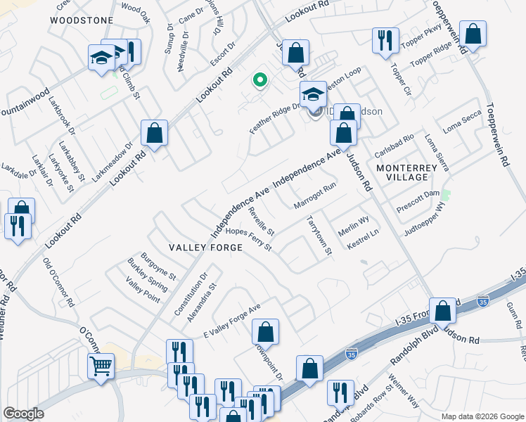 map of restaurants, bars, coffee shops, grocery stores, and more near 12910 Henderson Camp Street in San Antonio