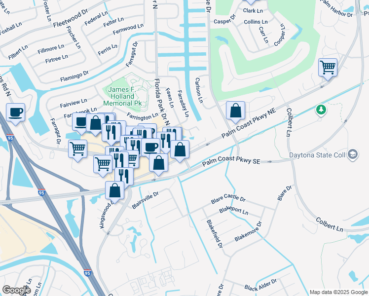 map of restaurants, bars, coffee shops, grocery stores, and more near 312 Palm Coast Parkway Northeast in Palm Coast