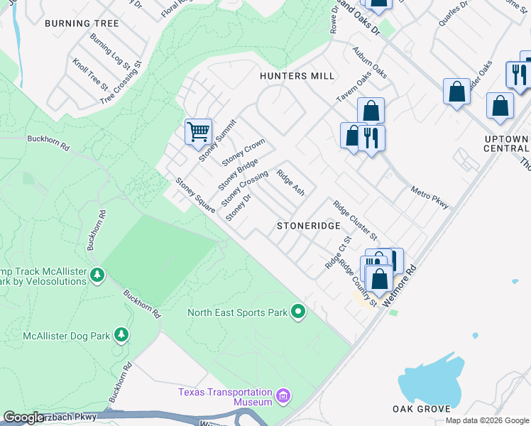 map of restaurants, bars, coffee shops, grocery stores, and more near 3400 Ridge Ranch in San Antonio
