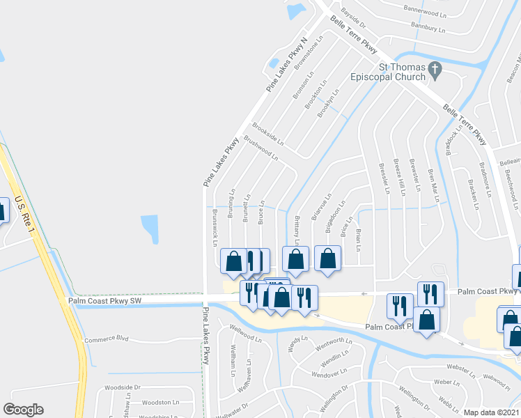 map of restaurants, bars, coffee shops, grocery stores, and more near 44 Bruce Lane in Palm Coast