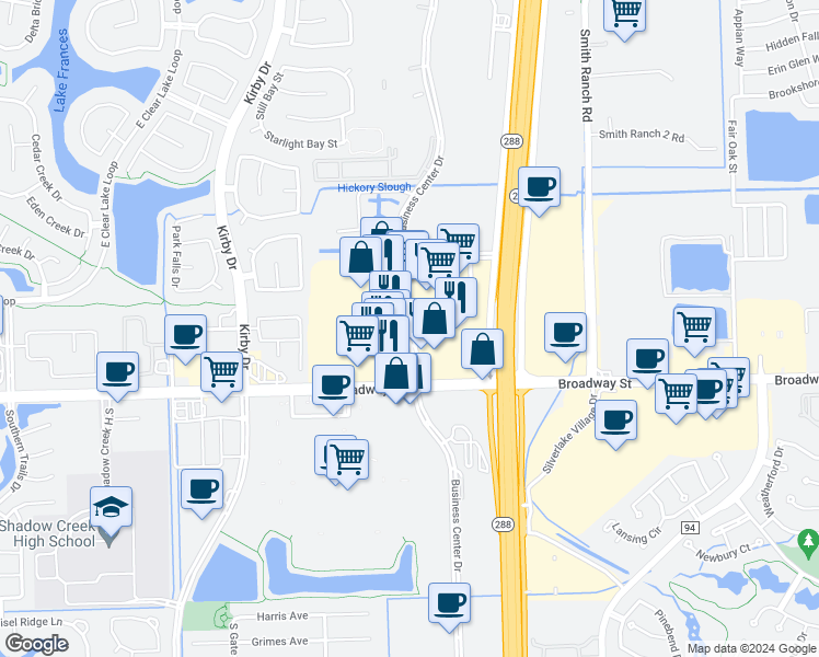 map of restaurants, bars, coffee shops, grocery stores, and more near 2505 Business Center Drive in Pearland