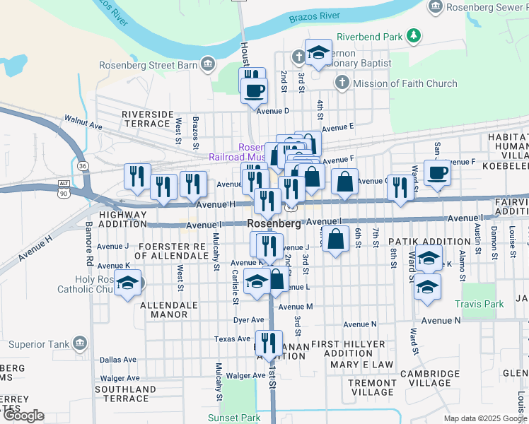 map of restaurants, bars, coffee shops, grocery stores, and more near 1701 Avenue I in Rosenberg