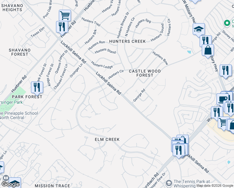 map of restaurants, bars, coffee shops, grocery stores, and more near 3402 Elm Hill Street in San Antonio