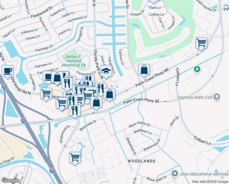 map of restaurants, bars, coffee shops, grocery stores, and more near 312 Palm Coast Parkway Northeast in Palm Coast