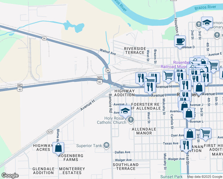 map of restaurants, bars, coffee shops, grocery stores, and more near 802 Avenue H in Rosenberg