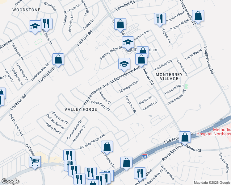 map of restaurants, bars, coffee shops, grocery stores, and more near 12910 Henderson Camp Street in San Antonio