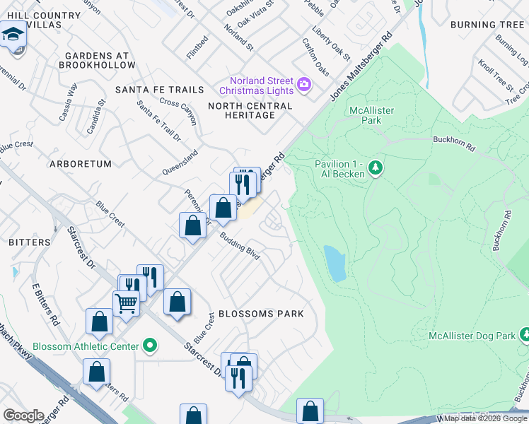map of restaurants, bars, coffee shops, grocery stores, and more near 6 Cross Canyon in San Antonio