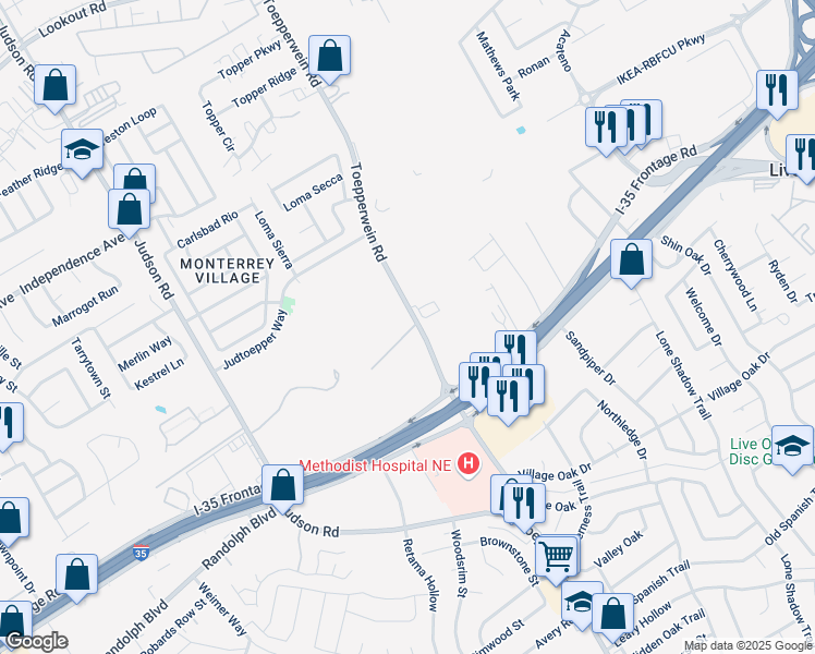 map of restaurants, bars, coffee shops, grocery stores, and more near 13003 Toepperwein Road in Live Oak