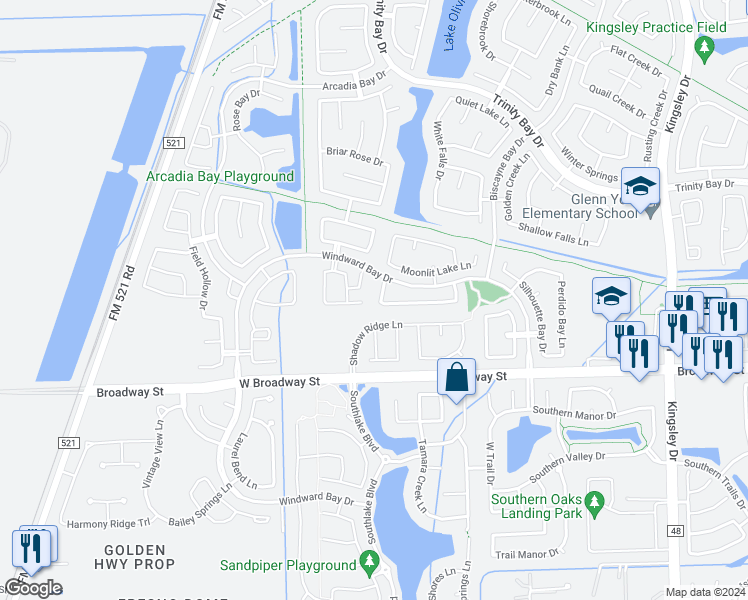 map of restaurants, bars, coffee shops, grocery stores, and more near 2912 Biscayne Springs Lane in Pearland