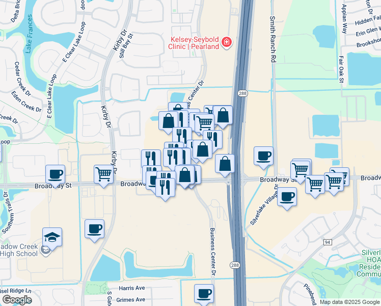 map of restaurants, bars, coffee shops, grocery stores, and more near 2417 Business Center Drive in Pearland