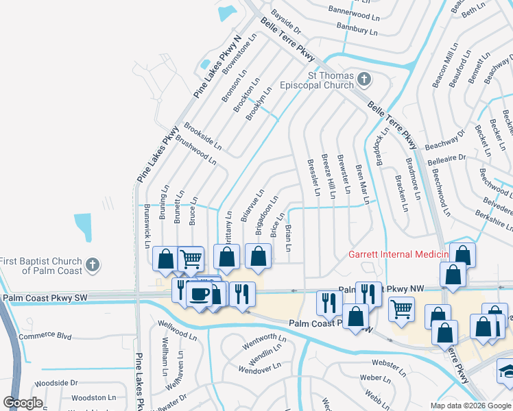 map of restaurants, bars, coffee shops, grocery stores, and more near 48 Briarvue Lane in Palm Coast