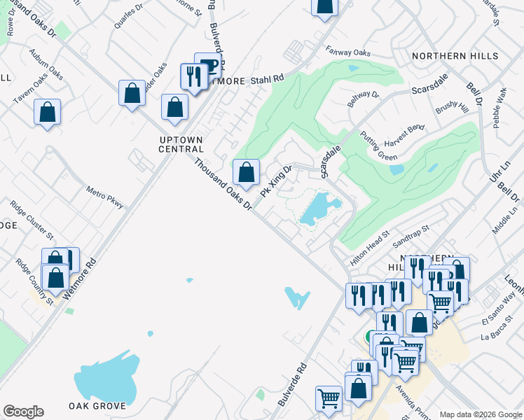 map of restaurants, bars, coffee shops, grocery stores, and more near 12850 Park Crossing Drive in San Antonio