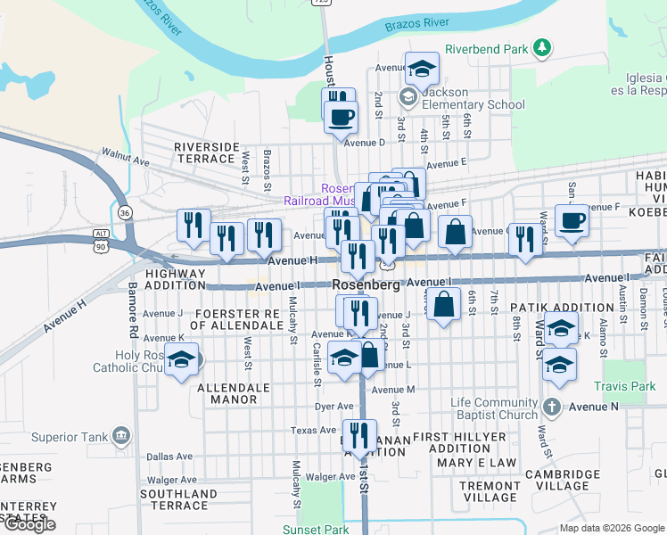 map of restaurants, bars, coffee shops, grocery stores, and more near 1701 Avenue I in Rosenberg