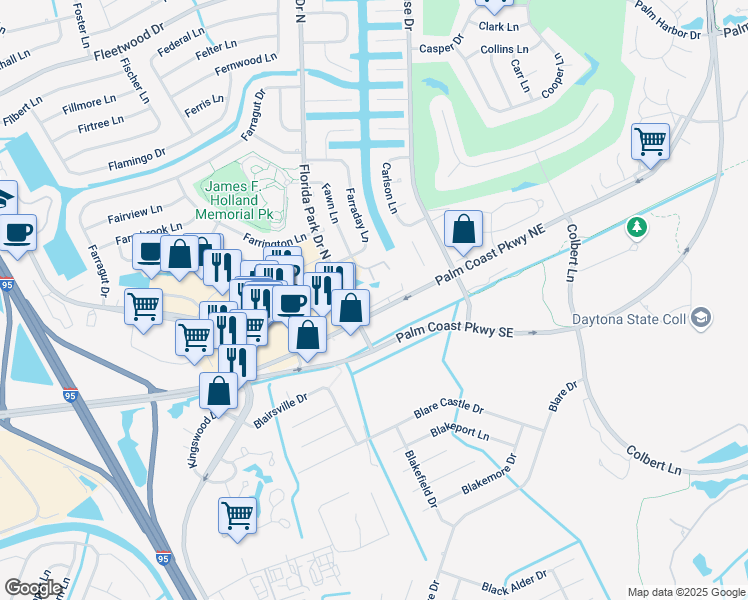 map of restaurants, bars, coffee shops, grocery stores, and more near 1 Florida Park Drive South in Palm Coast