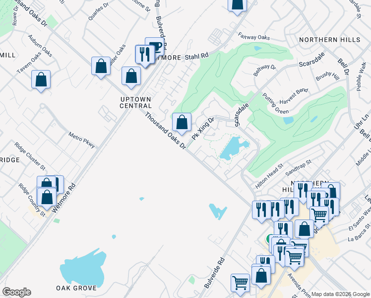 map of restaurants, bars, coffee shops, grocery stores, and more near 12850 Park Crossing Drive in San Antonio