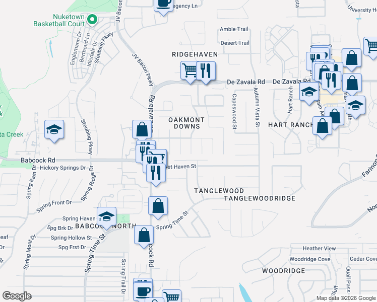 map of restaurants, bars, coffee shops, grocery stores, and more near 12202 Stable Pass in San Antonio
