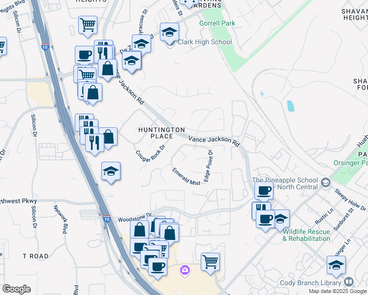 map of restaurants, bars, coffee shops, grocery stores, and more near 14203 Edge Point Drive in San Antonio