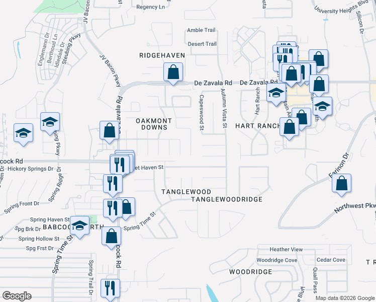 map of restaurants, bars, coffee shops, grocery stores, and more near 12202 Stable Ridge Drive in San Antonio