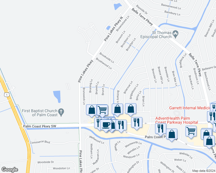 map of restaurants, bars, coffee shops, grocery stores, and more near 67 Brushwood Lane in Palm Coast