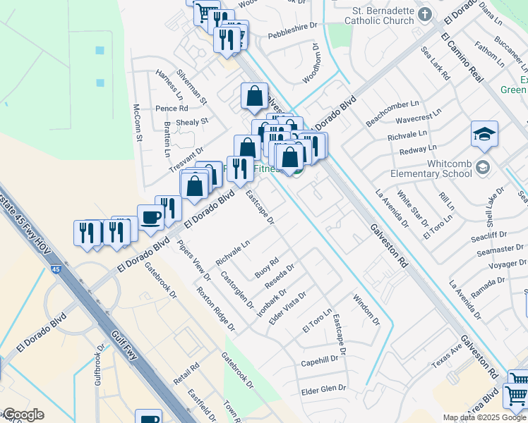 map of restaurants, bars, coffee shops, grocery stores, and more near 427 Richvale Lane in Webster