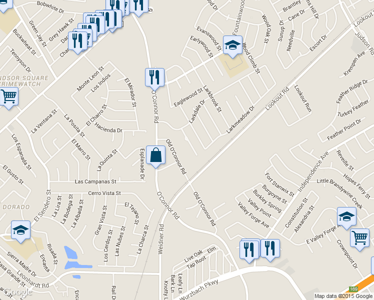 map of restaurants, bars, coffee shops, grocery stores, and more near 13011 O'Connor Cove in San Antonio