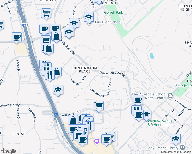 map of restaurants, bars, coffee shops, grocery stores, and more near 14203 Edge Point Drive in San Antonio