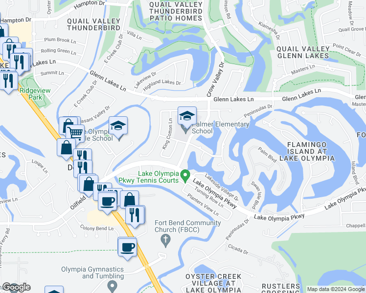 map of restaurants, bars, coffee shops, grocery stores, and more near 4306 Crow Valley Drive in Missouri City