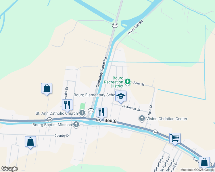 map of restaurants, bars, coffee shops, grocery stores, and more near 100-198 Texas Gulf Road in Bourg