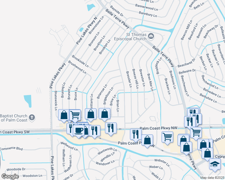 map of restaurants, bars, coffee shops, grocery stores, and more near 54 Brigadoon Lane in Palm Coast