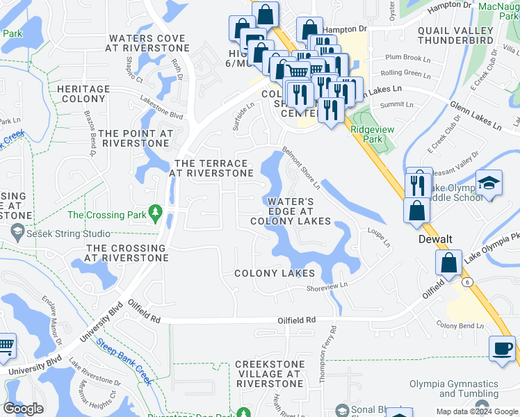 map of restaurants, bars, coffee shops, grocery stores, and more near 4110 Lake Vista Circle in Missouri City