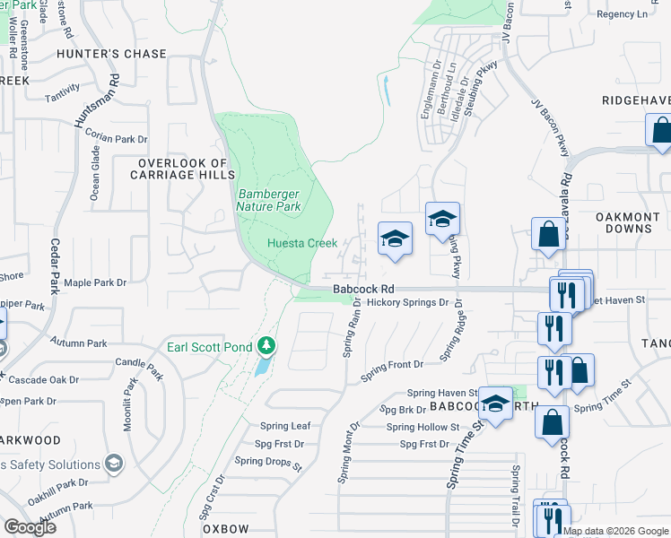 map of restaurants, bars, coffee shops, grocery stores, and more near 6932 Abbey Falls in San Antonio