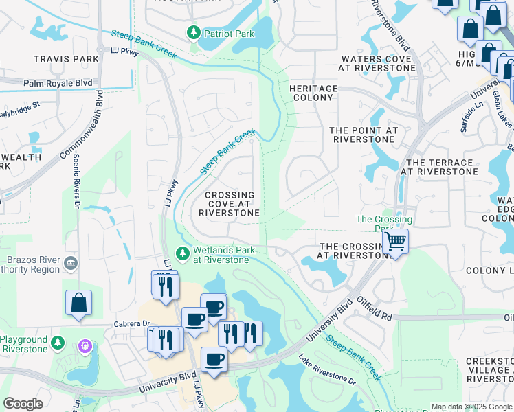 map of restaurants, bars, coffee shops, grocery stores, and more near 6739 Gable Wing Lane in Sugar Land