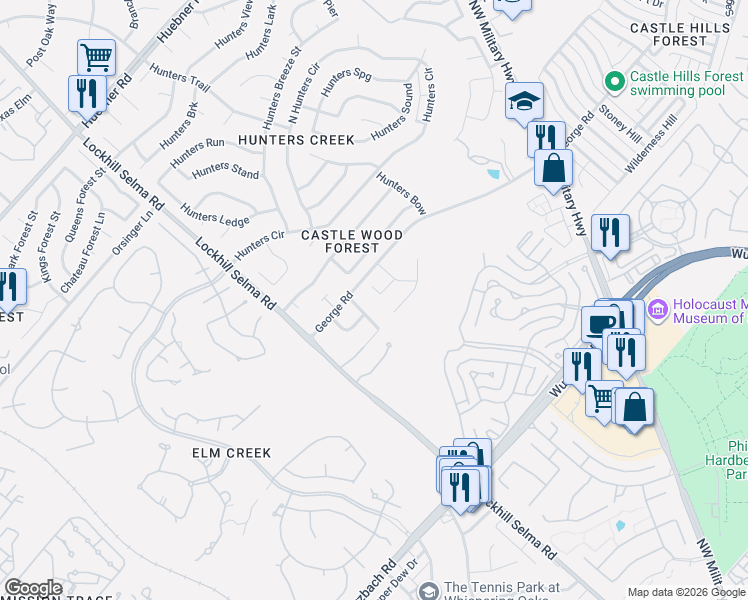 map of restaurants, bars, coffee shops, grocery stores, and more near 12410 King Walnut Street in San Antonio