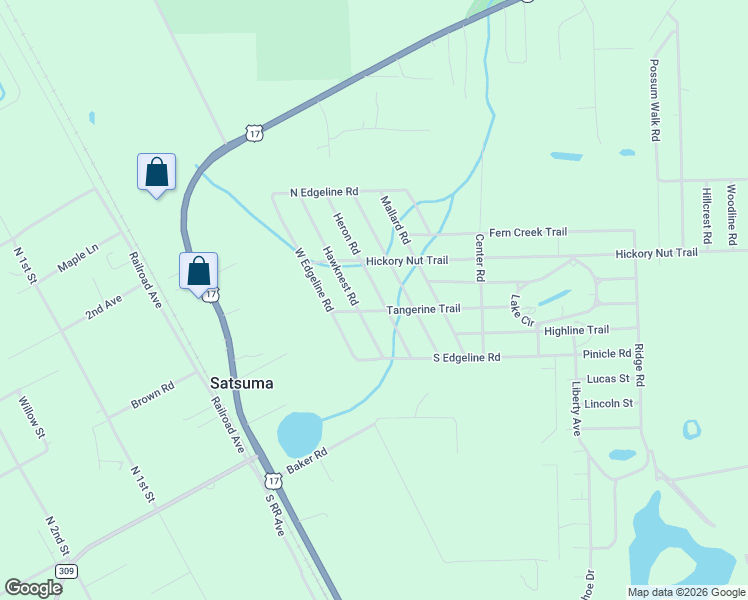 map of restaurants, bars, coffee shops, grocery stores, and more near 303 Hawknest Road in Satsuma