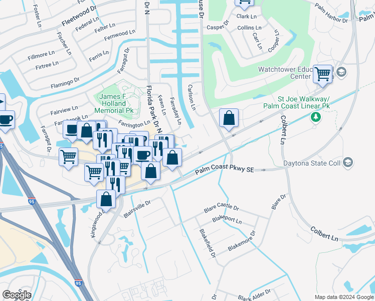 map of restaurants, bars, coffee shops, grocery stores, and more near 1 Florida Park Drive South in Palm Coast