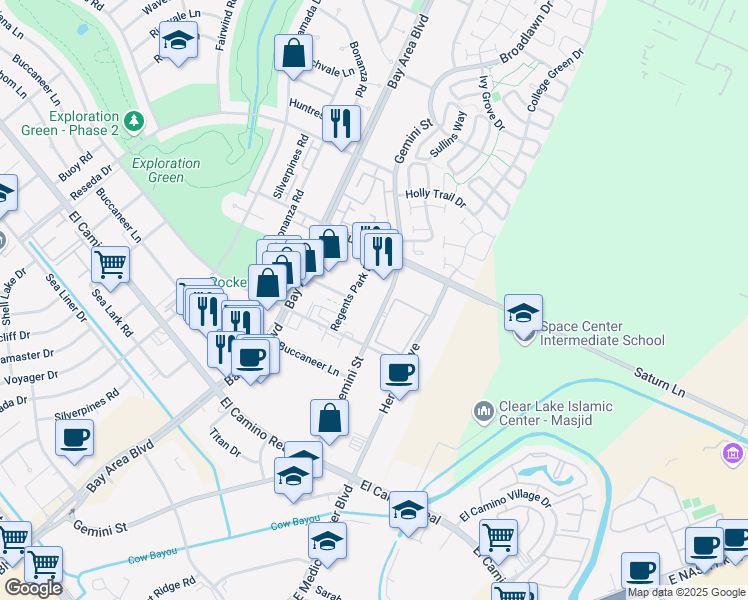 map of restaurants, bars, coffee shops, grocery stores, and more near 1300 Gemini Street in Houston