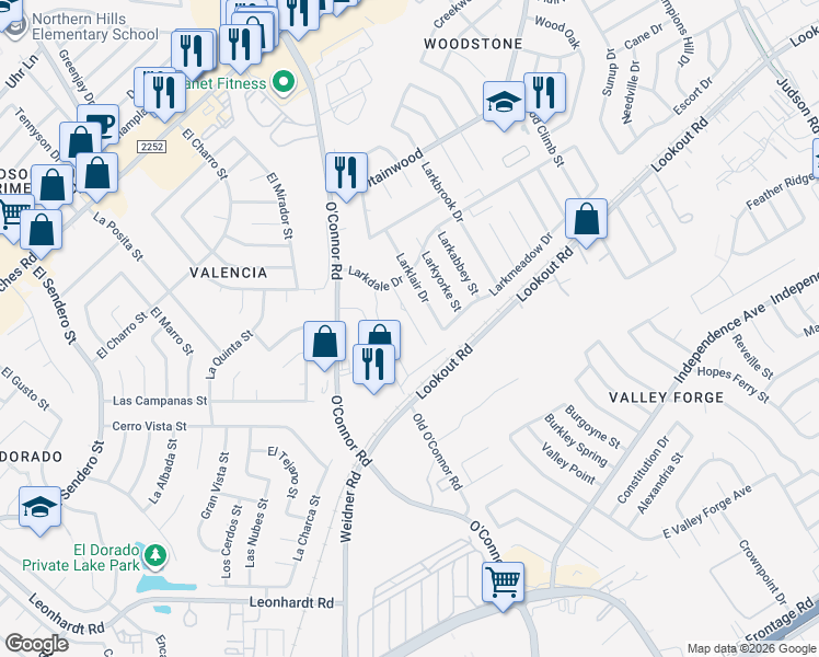 map of restaurants, bars, coffee shops, grocery stores, and more near 13011 O'Connor Cove in San Antonio