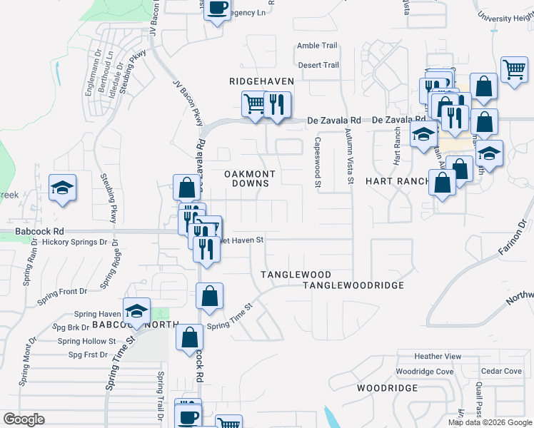 map of restaurants, bars, coffee shops, grocery stores, and more near 12202 Stable Pass in San Antonio