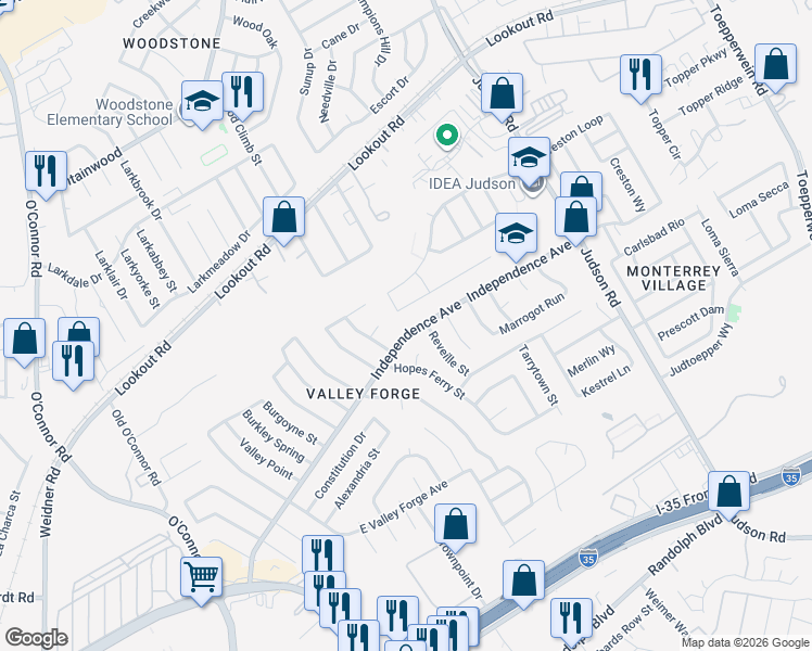 map of restaurants, bars, coffee shops, grocery stores, and more near 12815 Independence Avenue in San Antonio