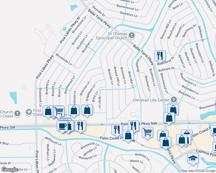 map of restaurants, bars, coffee shops, grocery stores, and more near 70 Bridgehaven Drive in Palm Coast
