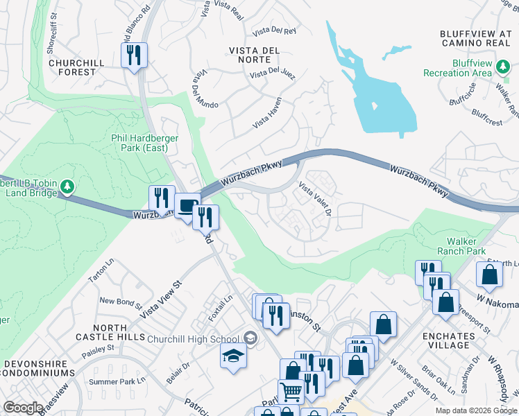 map of restaurants, bars, coffee shops, grocery stores, and more near 12727 Vista Del Norte in San Antonio