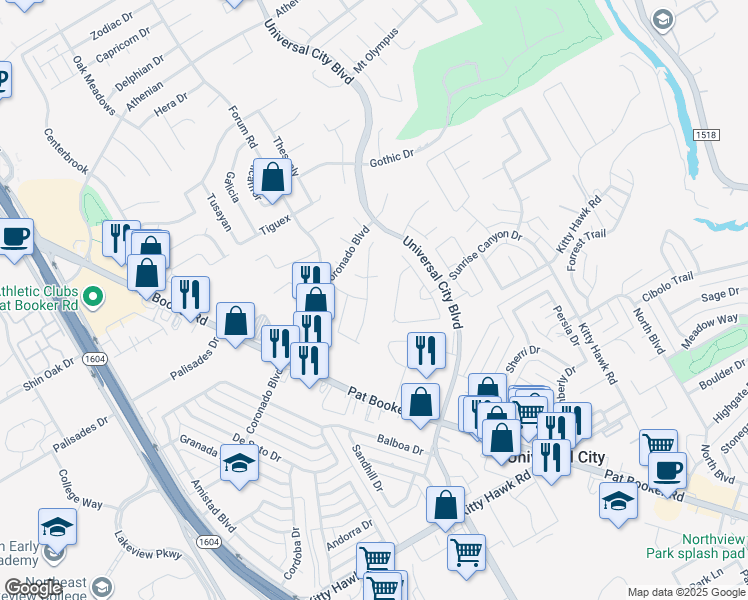 map of restaurants, bars, coffee shops, grocery stores, and more near 8610 Park Olympia in Universal City
