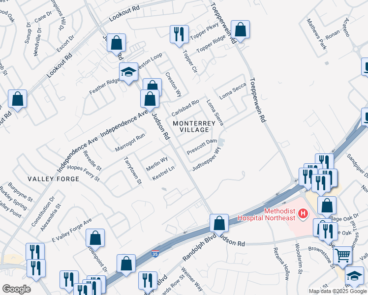 map of restaurants, bars, coffee shops, grocery stores, and more near 6602 Prescott Dam in San Antonio