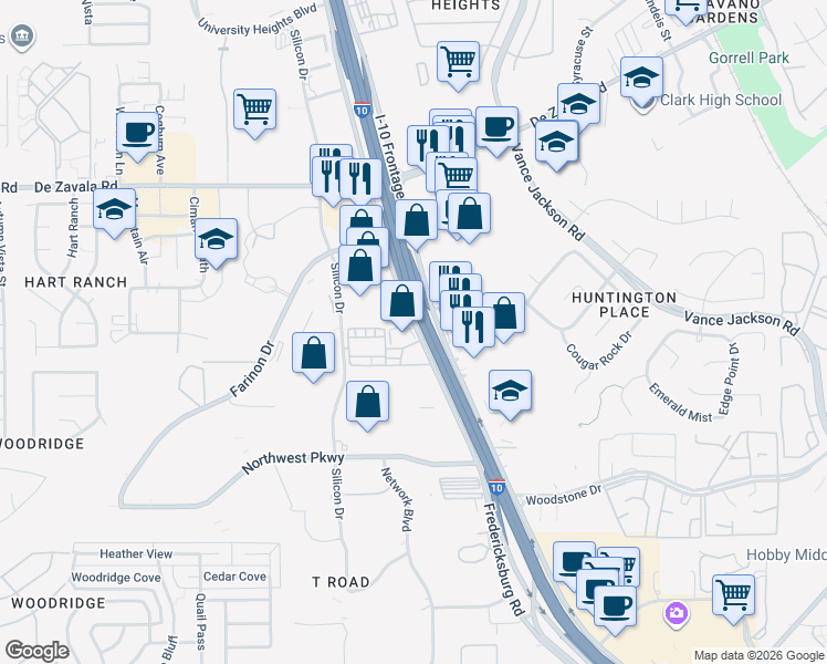 map of restaurants, bars, coffee shops, grocery stores, and more near 12200 Interstate 10 in San Antonio