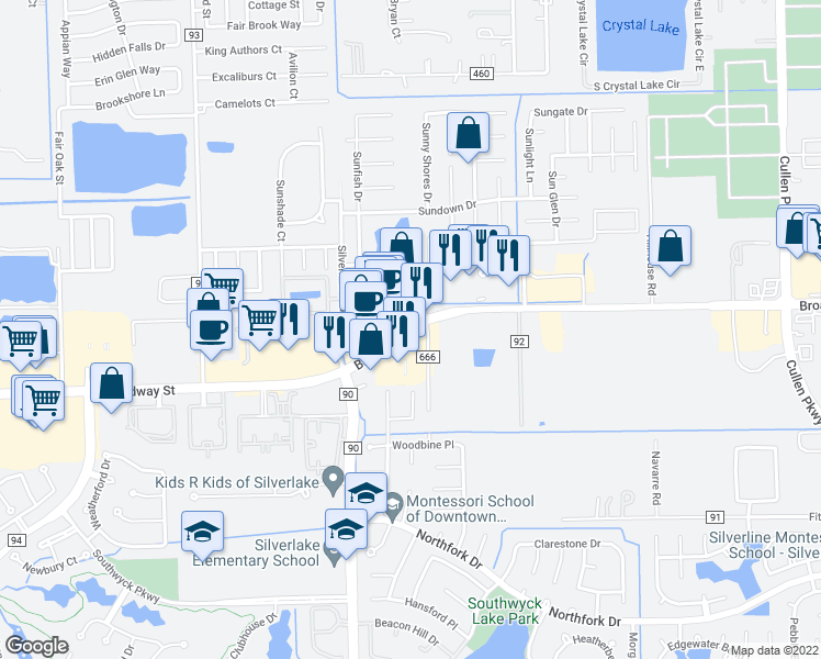 map of restaurants, bars, coffee shops, grocery stores, and more near 9364 West Broadway Street in Pearland