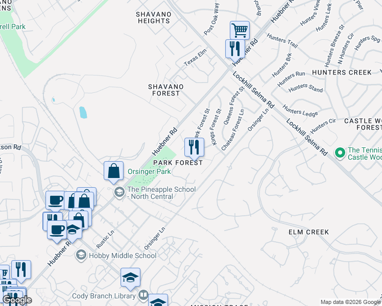 map of restaurants, bars, coffee shops, grocery stores, and more near 2 Orsinger Hill in San Antonio