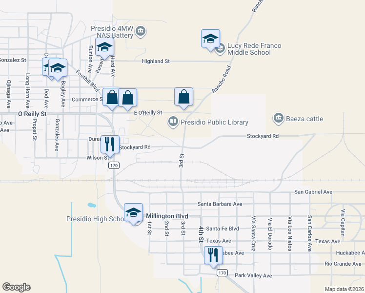 map of restaurants, bars, coffee shops, grocery stores, and more near Stockyard Road in Presidio